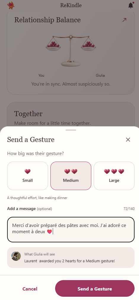 ReKindle appreciation dialog showing small, medium and large gestures